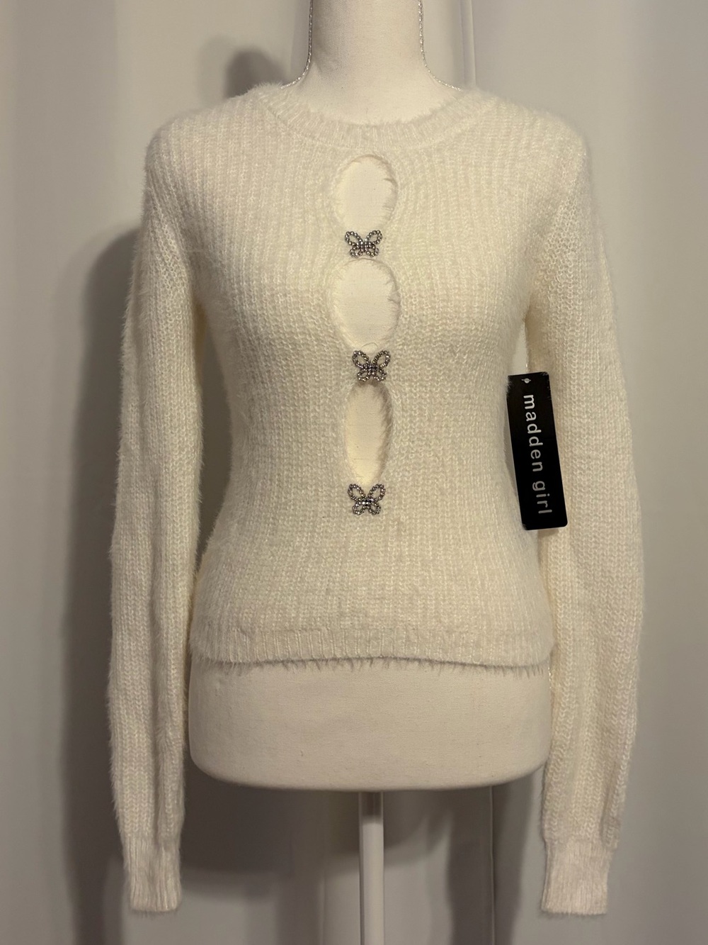 Madden Girl White Knit Butterfly-Accent Sweater